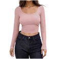 thumbnail image 1 of Women Long Sleeve Scoop Neck Shirts Casual Slim Fit Rib Knit Tops Summer Fall Basic Business Work Tee, 1 of 4