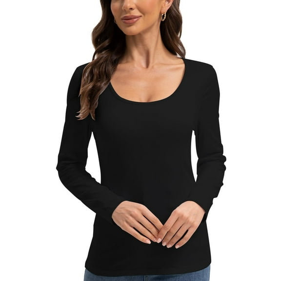 Women Long Sleeve Scoop Neck Slim Fitted Basic Soft T-Shirts