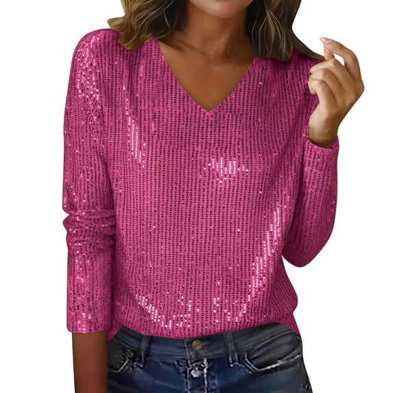 Women Long Sleeve Sequin Top Sparkly Glitter Party Blouse Dressy Concert Disco Outfit V Neck Night Holiday 2026