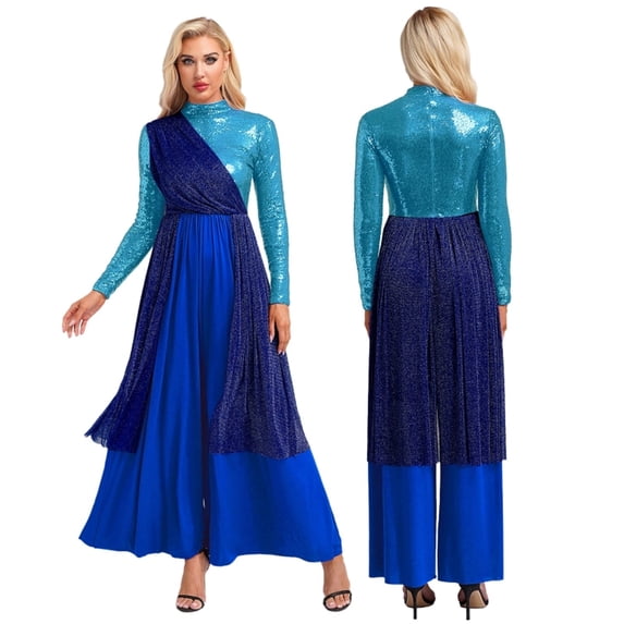 Women Long Sleeve Shimmery Overlay Baggy Jumpsuit Dress For Praise Ballroom Modern Liturgical Dance