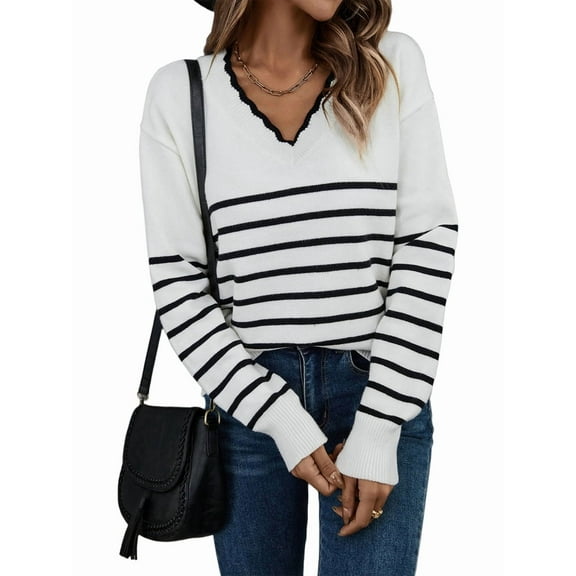 Women Long Sleeve Shirt Casual Loose Striped Pullover Sweaters White S