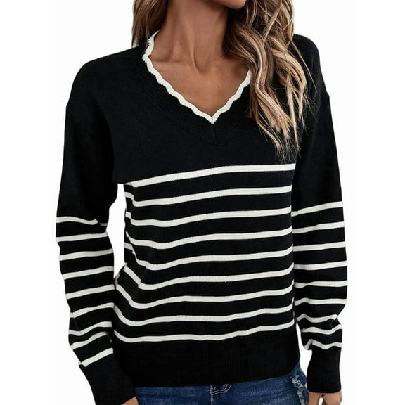 Women Long Sleeve Shirt Casual Loose Striped Pullover Sweaters Black M