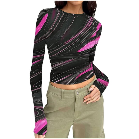 Women Long Sleeve Shirt Fashion Print Crewneck Fitted Y2k Streetwear Basic Tees Going Out Spring 2025 Workout Outfit