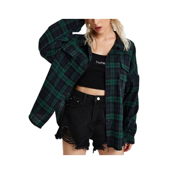 Women Long Sleeve Shirt Plaid Lapel Botton Down Boyfrind Blouse For Spring Fall Plus Size Streetwear