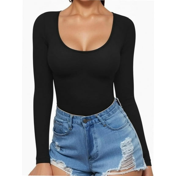 Women Long Sleeve Shirt Scoop Neck Tops Slim Fit Basic Top Base Layer Tee