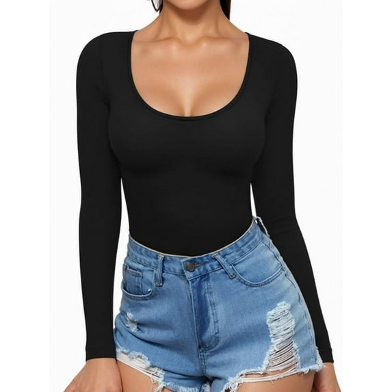 Women Long Sleeve Shirt Scoop Neck Tops Slim Fit Basic Top Base Layer Tee