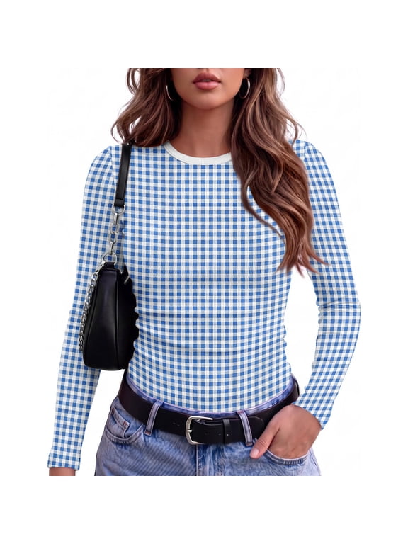 Women Long Sleeve Shirt Thermal Fall Tops Plaid Crewneck Casual Basic Tees, L