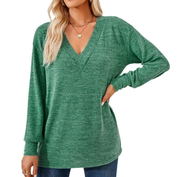 Women Long Sleeve Shirt V Neck Pure Color Casual Loose Women Long Sleeve T Shirt Undershirt for Home Party Work Green XL