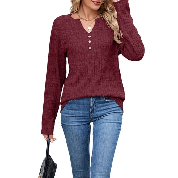 Women Long Sleeve Shirts Dressy Casual Button V Neck Pullover Sweaters Jumper Tops Fall Outfits Wine Red XXL