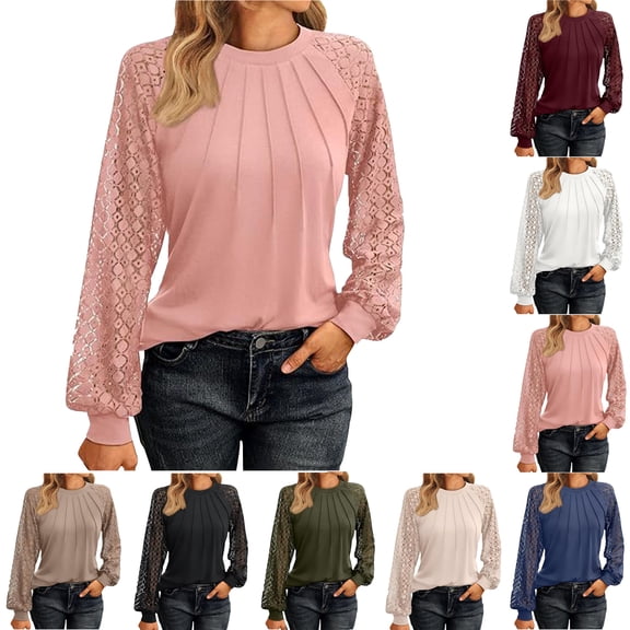 Women Long Sleeve Shirts Fall Lace Tops Fashion Round Neck Sweaters Dressy Casual Winter Tunic Blouse Trendy Women's Solid Color Long Sleeved Lace Patchwork Casual Fall Top Round Neck Top