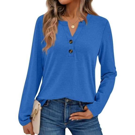 Women Long Sleeve Shirts Fall Tops Henley V Neck Business Casual Work Blouse Fall Trendy Clothes