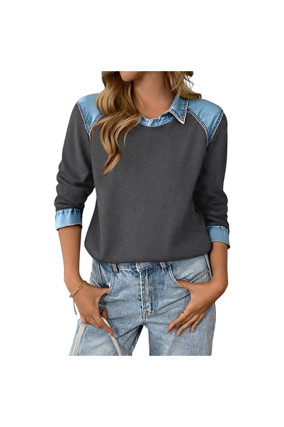 Women Long Sleeve Shirts Lapel Collar Denim Patchwork Casual Fall Loose Pullover Top Color Block Sweatshirt Gray S