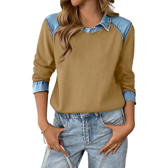 Women Long Sleeve Shirts Lapel Collar Denim Patchwork Casual Fall Loose Pullover Top Color Block Sweatshirt Yellow M
