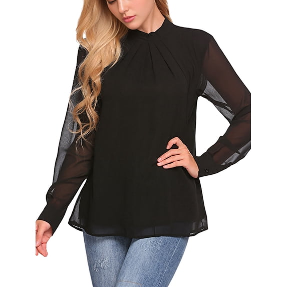 Women Long Sleeve Shirts Mock Neck Tops Pleated Front Blouses Dressy Casual Fall Clothes Black S