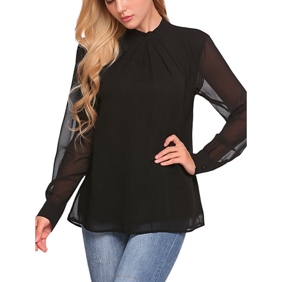 Women Long Sleeve Shirts Mock Neck Tops Pleated Front Blouses Dressy Casual Fall Clothes Black S