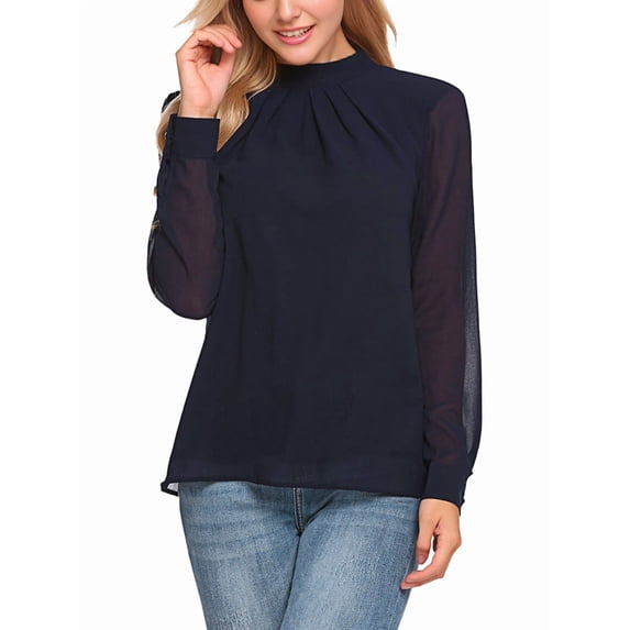 Women Long Sleeve Shirts Mock Neck Tops Pleated Front Blouses Dressy Casual Fall Clothes Navy Blue S