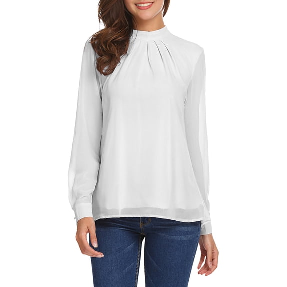 Women Long Sleeve Shirts Mock Neck Tops Pleated Front Blouses Dressy Casual Fall Clothes White M