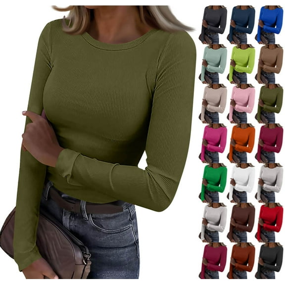 Women Long Sleeve Shirts Rib Knit Slim Fit Tops Basic Tee 2025 Fall Casual T-Shirt Underscrubs Layer Clothes Army Green L
