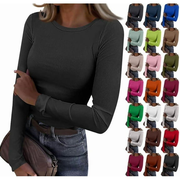 Women Long Sleeve Shirts Rib Knit Slim Fit Tops Basic Tee 2025 Fall Casual T-Shirt Underscrubs Layer Clothes Black L