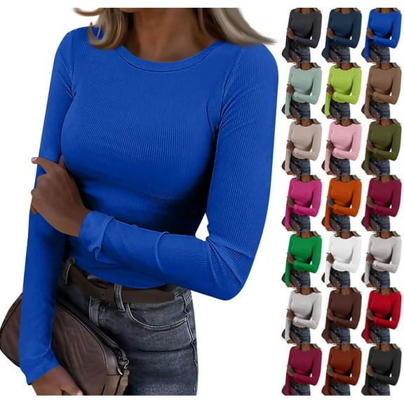 Women Long Sleeve Shirts Rib Knit Slim Fit Tops Basic Tee 2025 Fall Casual T-Shirt Underscrubs Layer Clothes Blue L