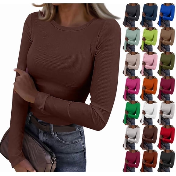 Women Long Sleeve Shirts Rib Knit Slim Fit Tops Basic Tee 2025 Fall Casual T-Shirt Underscrubs Layer Clothes Brown L