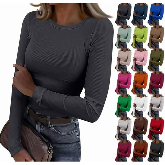 Women Long Sleeve Shirts Rib Knit Slim Fit Tops Basic Tee 2025 Fall Casual T-Shirt Underscrubs Layer Clothes Dark Gray L