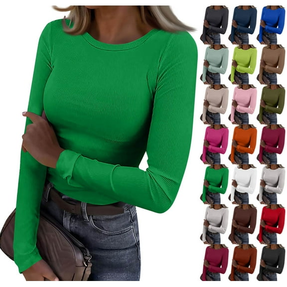 Women Long Sleeve Shirts Rib Knit Slim Fit Tops Basic Tee 2025 Fall Casual T-Shirt Underscrubs Layer Clothes Green M