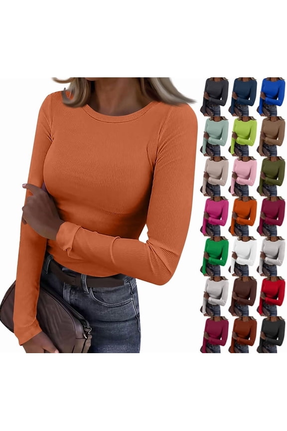 Women Long Sleeve Shirts Rib Knit Slim Fit Tops Basic Tee 2025 Fall Casual T-Shirt Underscrubs Layer Clothes Orange M