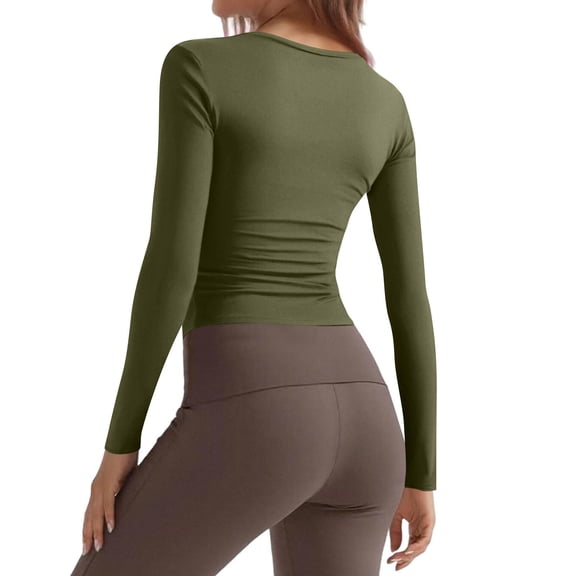 Women Long Sleeve Shirts Rib Knit Slim Fit Tops Basic Tee 2025 Fall Outfits Casual T-Shirt Underscrubs Layer Clothes Army Green XS
