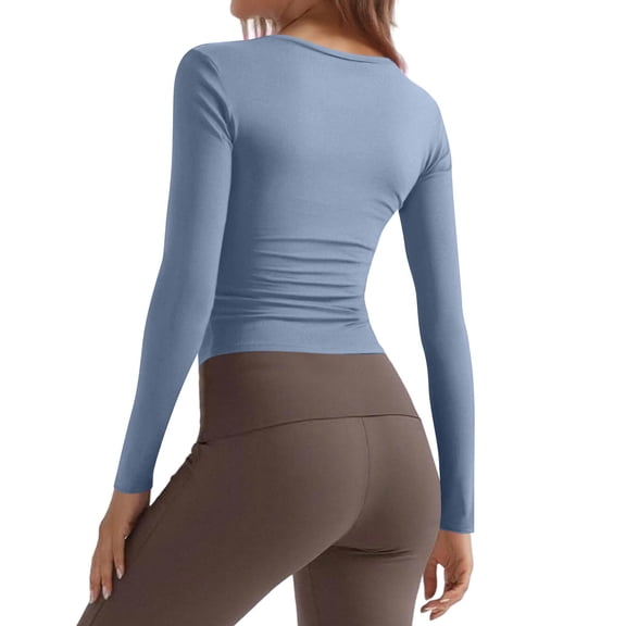 Women Long Sleeve Shirts Rib Knit Slim Fit Tops Basic Tee 2025 Fall Outfits Casual T-Shirt Underscrubs Layer Clothes Light Blue XS