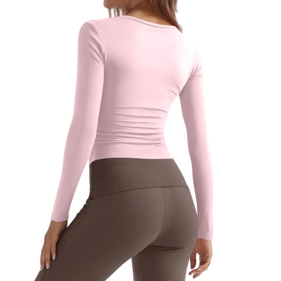 Women Long Sleeve Shirts Rib Knit Slim Fit Tops Basic Tee 2025 Fall Outfits Casual T-Shirt Underscrubs Layer Clothes Light pink XS