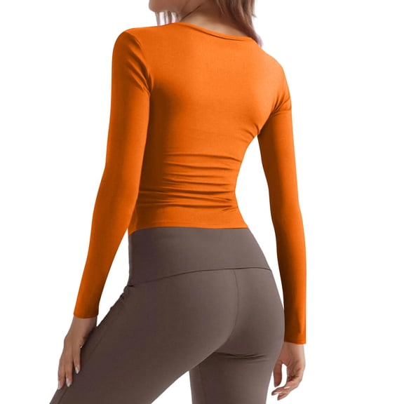 Women Long Sleeve Shirts Rib Knit Slim Fit Tops Basic Tee 2025 Fall Outfits Casual T-Shirt Underscrubs Layer Clothes Orange XS