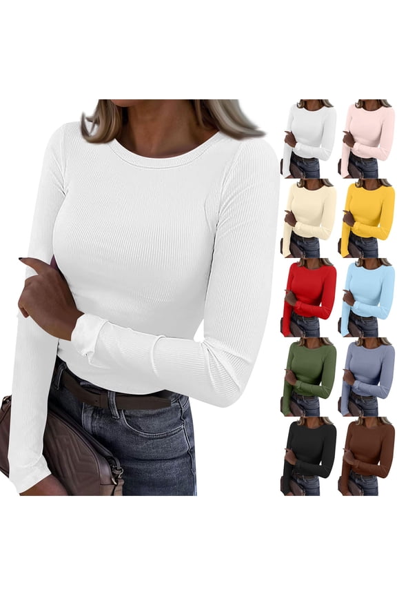 Women Long Sleeve Shirts Rib Knit Slim Fit Tops Basic Tee Casual Underscrubs Layer T-Shirt Yellow L