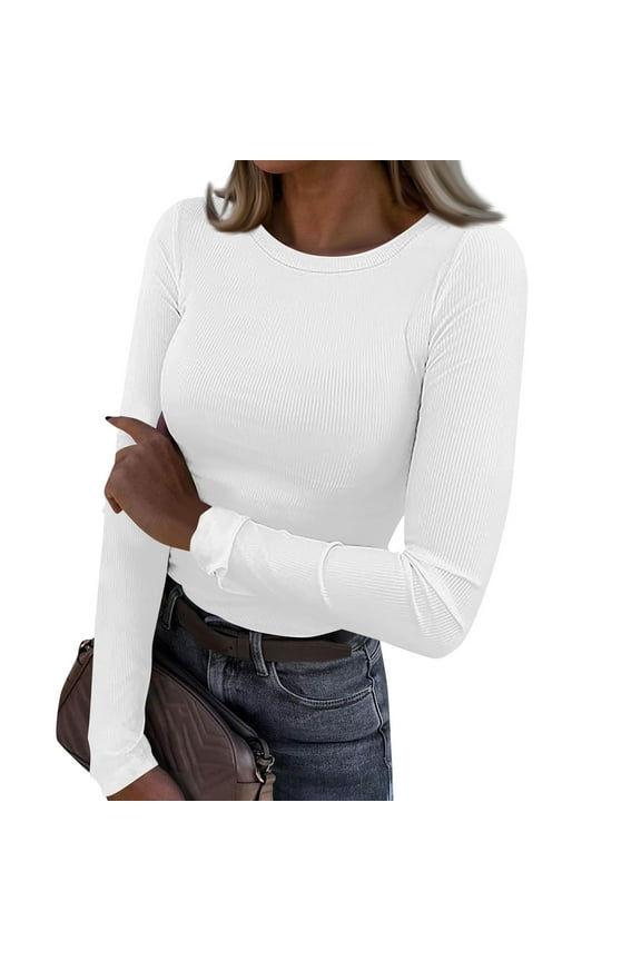 Women Long Sleeve Shirts Rib Knit Slim Fit Tops Basic Tee Fall Outfits Casual T-Shirt Underscrubs Layer Clothes spring, Size S-3XL