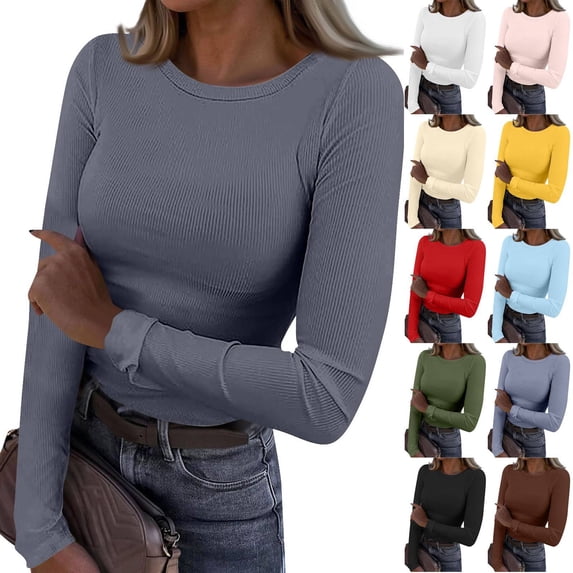 Women Long Sleeve Shirts Rib Knit Slim Fit Tops Basic Tee Spring Outfits Casual T-Shirt Layer Clothes Gray XL