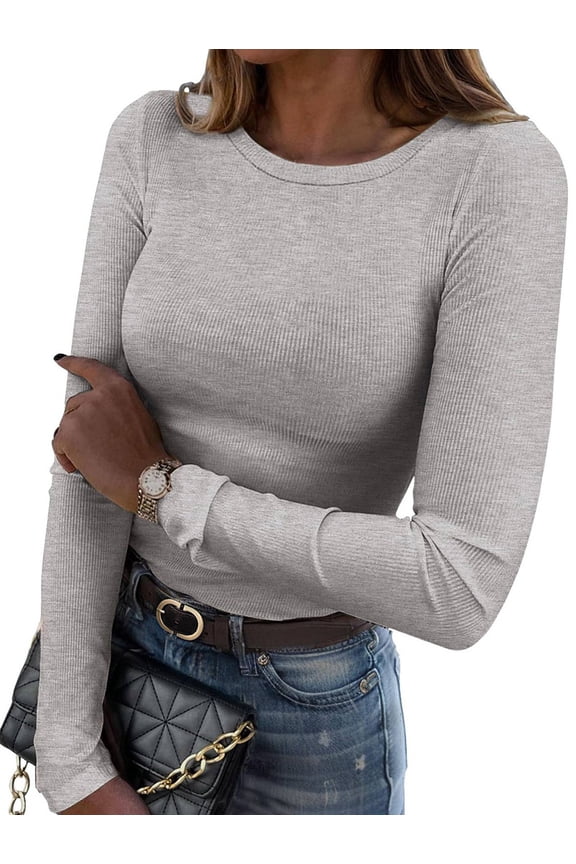 Women Long Sleeve Shirts Rib Knit Slim Fit Tops Fall Outfits Casual T-Shirt Underscrubs Layer Clothes Flower Gray XL