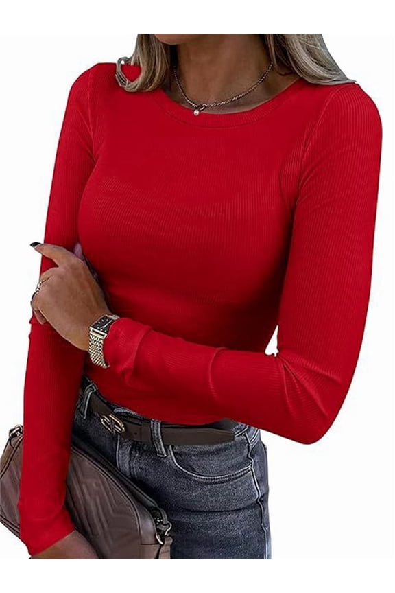 Women Long Sleeve Shirts Rib Knit Slim Fit Tops Fall Outfits Casual T-Shirt Underscrubs Layer Clothes Red S