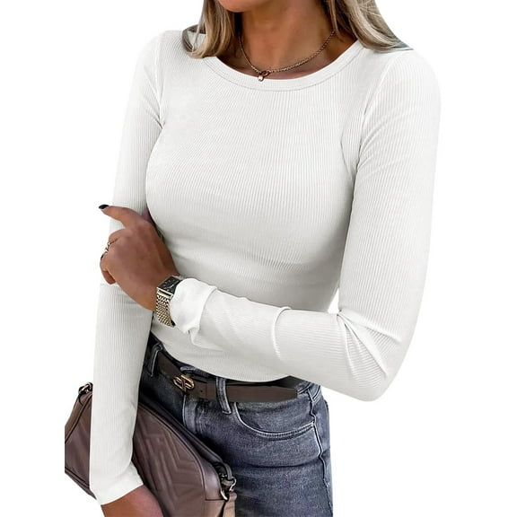Women Long Sleeve Shirts Rib Knit Slim Fit Tops Fall Outfits Casual T-Shirt Underscrubs Layer Clothes White S
