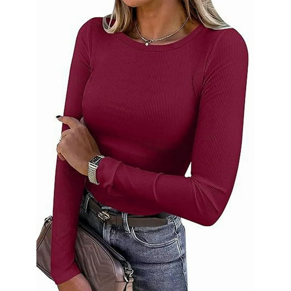 Women Long Sleeve Shirts Rib Knit Slim Fit Tops Fall Outfits Casual T-Shirt Underscrubs Layer Clothes Wine Red XL