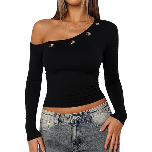 Fall Protection Chair Women Long Sleeve Shirts Rib Knit Slim Fit Tops Off-Shoulder Tee Fall ...