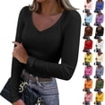 thumbnail image 1 of Women Long Sleeve Shirts Rib Knit Slim Fit Tops V Neck Basic Tee Casual Underscrubs Layer T-Shirt Purple L, 1 of 7