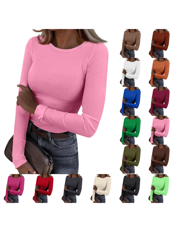 Women Long Sleeve Shirts Ribbed Fitted Tops Slim Basic Tee Fall Lightweight Knit T-Shirt Soft Winter Layer Clothing Casual Work Everyday Wear