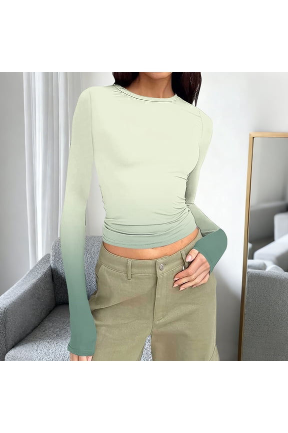 Women Long Sleeve Shirts Ribbed Knit Fitted Basic Tee Going Out Tops Underscrub Casual Outfits Green XXL