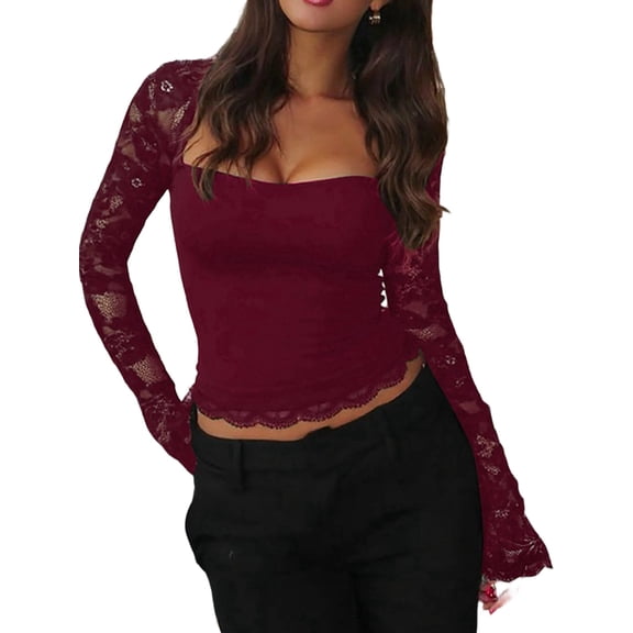 Women Long Sleeve Shirts Square Neck Lace Going Out Tops Slim Fit Rib Knit Casual Blouses Wine Red M