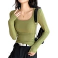 thumbnail image 1 of Women Long Sleeve Shirts Square Neck Tops Ribbed Knit Basic Crop Tops Fall Outfits Fashion Clothes Grass Green XL, 1 of 6