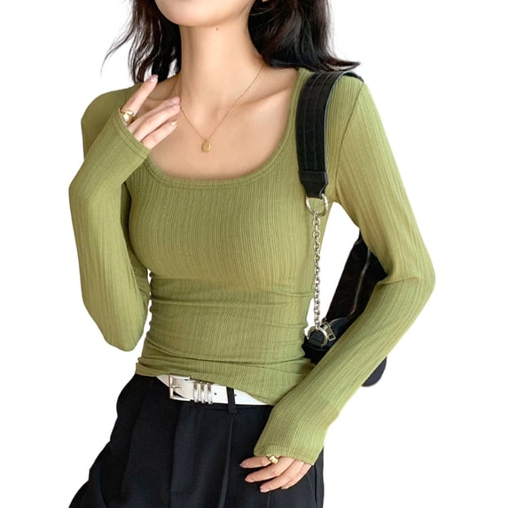 Women Long Sleeve Shirts Square Neck Tops Ribbed Knit Basic Crop Tops Fall Outfits Fashion Clothes Grass Green XL