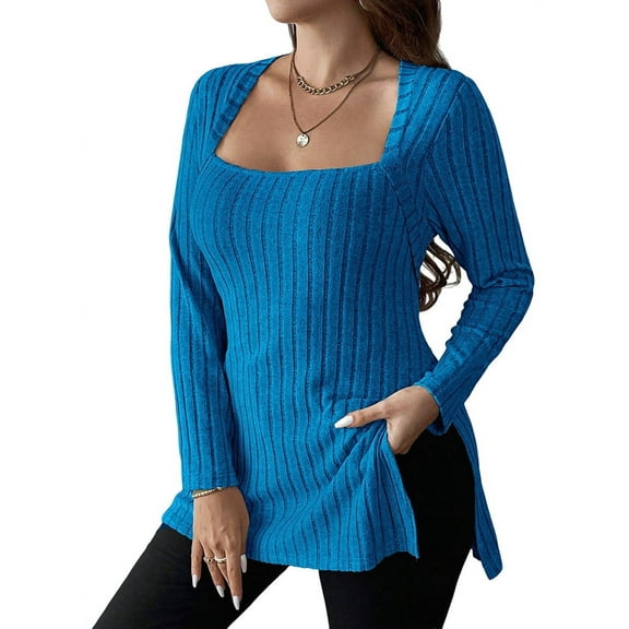 Women Long Sleeve Shirts Trendy Casual Square Neck Tops Light-Weight Sweaters Royal Blue XXXL