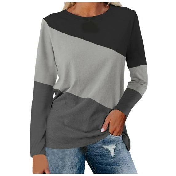 Women Long Sleeve Shirts Trendy Color Block Round Neck Pullover Tee Tops Stretch Comfy Classic Fit Workout Casual Blouses