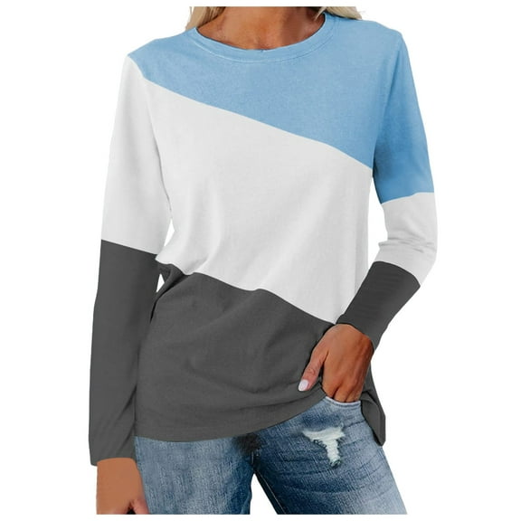 Women Long Sleeve Shirts Trendy Color Block Round Neck Pullover Tee Tops Stretch Comfy Classic Fit Workout Casual Blouses