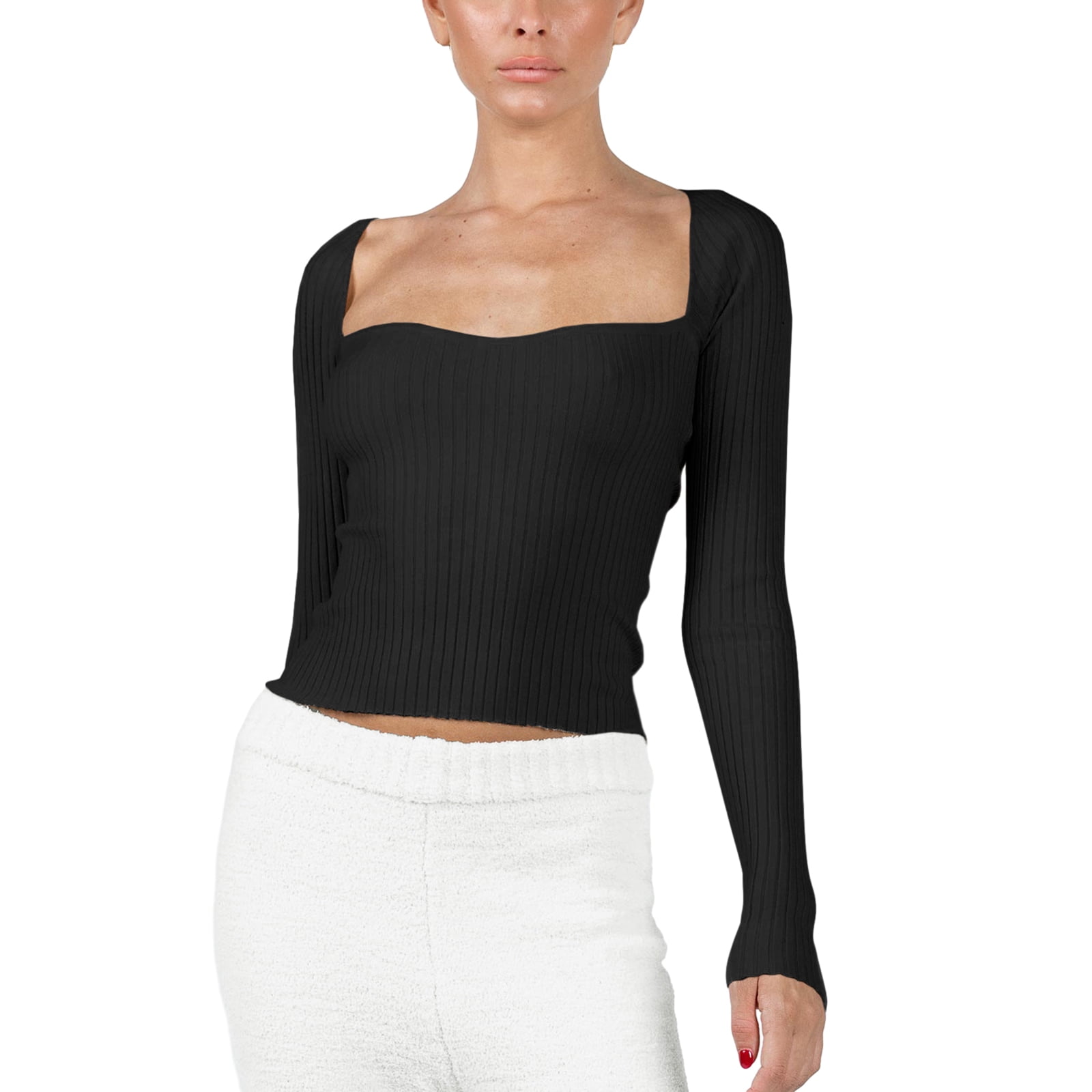 Women Long Sleeve Shirts, U Neck Ribbed Knit Fitted Casual Tops, Slim